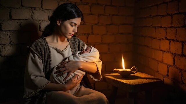 Mother cradling newborn baby next to an oil lamp in a rustic room. Biblical concept of the birth of Moses. Historical reenactment of Jochebed holding her infant son