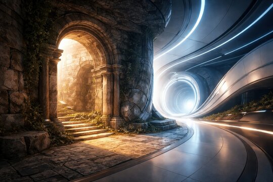 An ancient archway surrounded by stone walls and vines leads to a glowing futuristic path. The scene merges old and new elements in a unique way.