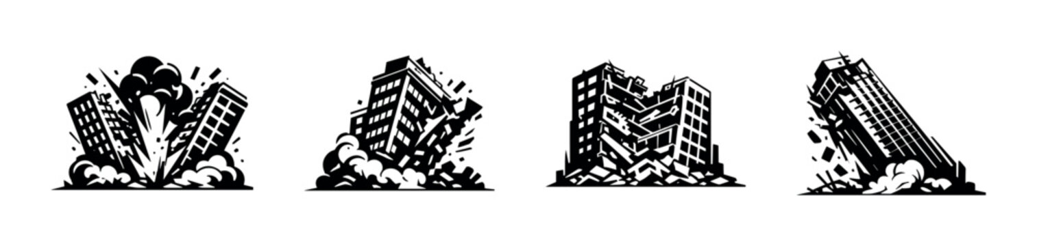 Demolition building vector icons set. exploding, collapsing, urban architecture.