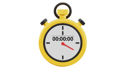 Vivid yellow stopwatch with a red second hand and digital display showing 00:00:00, representing timekeeping, measurement of time, countdown, time management, and deadline concepts in a 3D cartoon