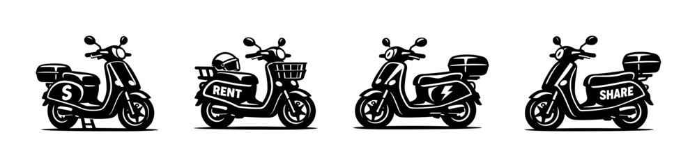 Obraz premium E-scooter vector icons set with rental and sharing symbols in solid style