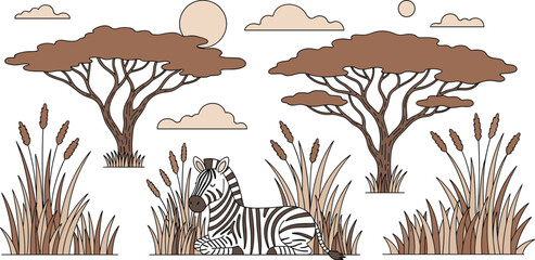 Cartoon Zebra Resting in African Savannah Landscape with Acacia Trees Keywords: zebra, african savannah, landscape, acacia trees