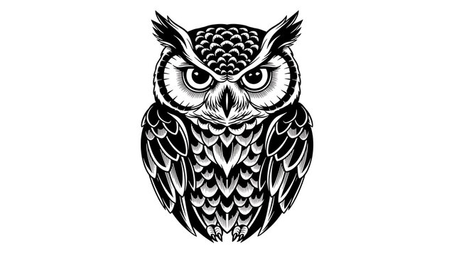 Detailed black and white owl isolated on a transparent background