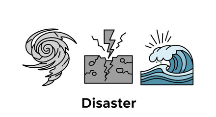 Set of stylized icons representing natural disasters and climate change impacts, including a hurricane, earthquake, and tsunami wave, symbolizing environmental threats and global warming challenges