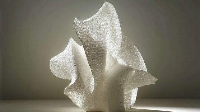 An abstract white sculpture with intricate texture and flowing form displayed indoors