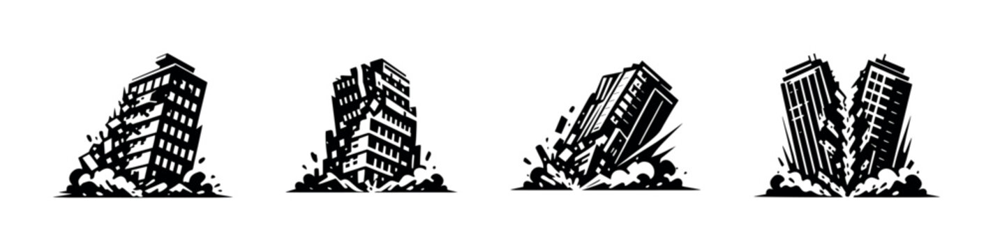 Building demolition vector icons set: falling, collapsing, explosion, architecture
