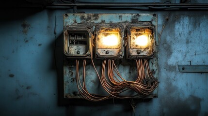 An old electrical panel with three illuminated meters and bundles of copper wiring