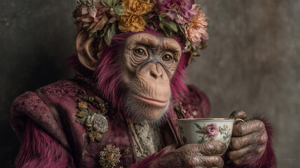 Obraz premium Magenta chimpanzee sips tea while wearing a beautiful floral crown
