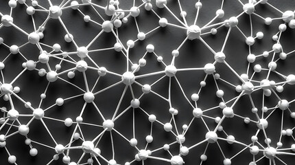 A complex network of interconnected nodes and lines on a dark background representing a molecular or conceptual structure