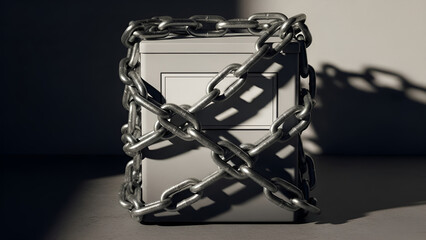 Chained file cabinet represents restricted financial access in stark industrial setting.