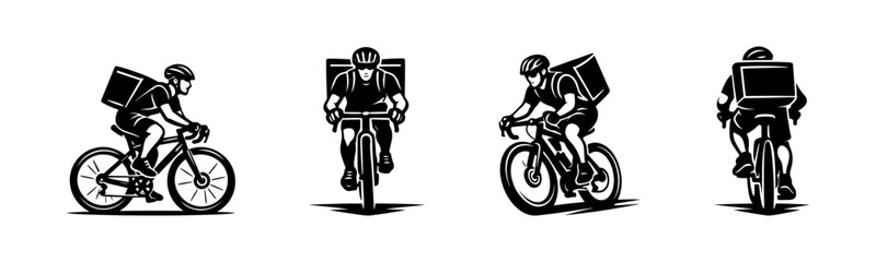 Obraz premium Cyclist delivery vector icons set: courier symbols, biking, transportation graphics
