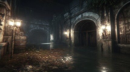 Obraz premium An old stone tunnel with waterlogged floors and decaying debris lit by dim lights
