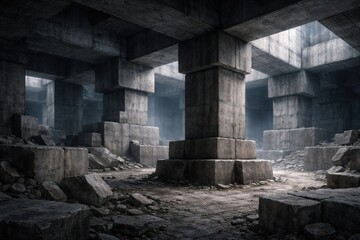 Light filters through an abandoned underground space filled with large concrete pillars and uneven ground covered in debris.