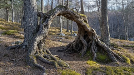 Ancient gnarled tree roots intertwine to form a natural archway in a sun dappled forest setting
