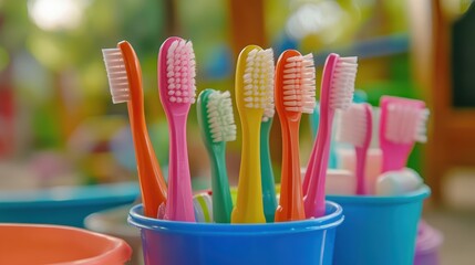 Assortment of brightly colored child friendly toothbrushes in a blue holder for dental hygiene