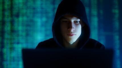 Focused coder immersed in digital matrix reveals a secretive tech innovation concept stock photo
