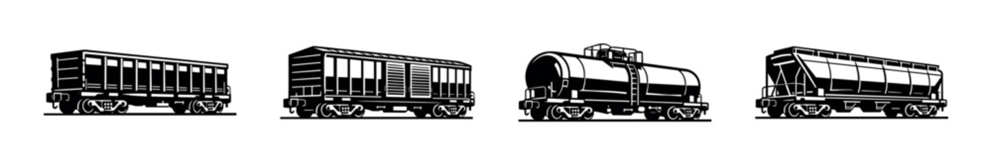 Train wagon vector icons set with freight cars, tankers, and transport symbols