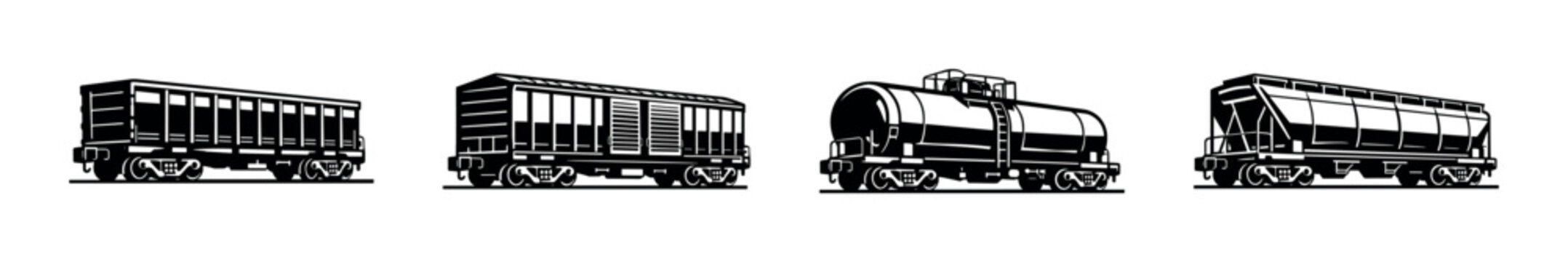 Train wagon vector icons set with freight cars, tankers, and transport symbols