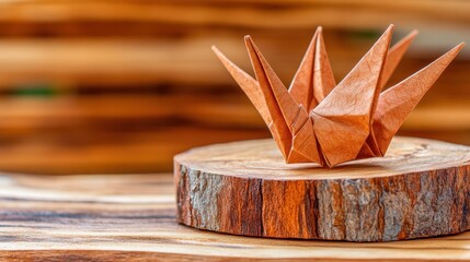 An intricate origami paper crane rests on a rustic slice of wood against a textured background