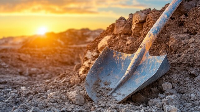 An industrial grade shovel rests against a pile of dirt with the sun setting in the background