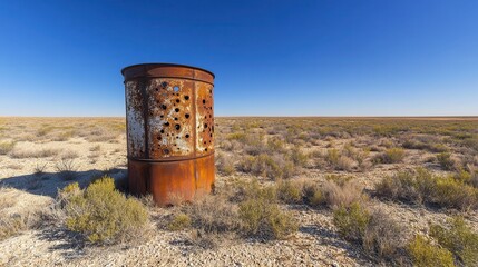 An old rusted perforated metal water tower stands abandoned in a dry desolate desert landscape under a clear blue sky