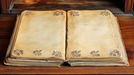 An open aged leather bound journal with blank pages and embossed floral motifs rests on a wooden surface