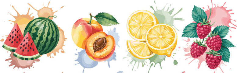 Fresh fruit illustration set with watermelon peach lemon and raspberry splashes, colorful juicy fruits, healthy summer food concept isolated on white background