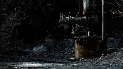 An old rusted well mechanism left abandoned and exposed to the elements in a dark industrial setting
