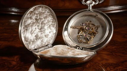 An ornate silver pocket watch with its lid open revealing the intricate mechanical movement inside