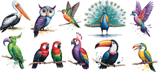 Colorful illustration of ten exotic bird species with vibrant plumage and artistic splashes for wildlife art, nature design, and avian diversity visuals