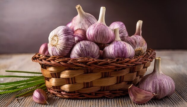 the purple garlic bulbs in a rustic basket piled for fresh culinary use