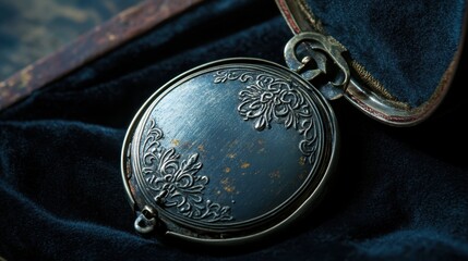An ornate antique silver locket displaying intricate floral designs and aged patina rests on a dark blue fabric surface