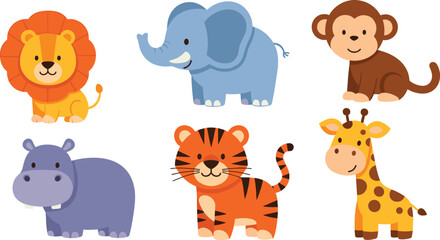 Cute cartoon jungle animals including lion elephant monkey hippo tiger and giraffe Keywords: cute, cartoon, animals, jungle © MdZabed