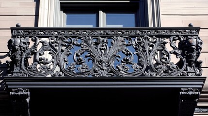 An ornate cast iron balcony railing with intricate scrollwork and floral details on the exterior of a historic building