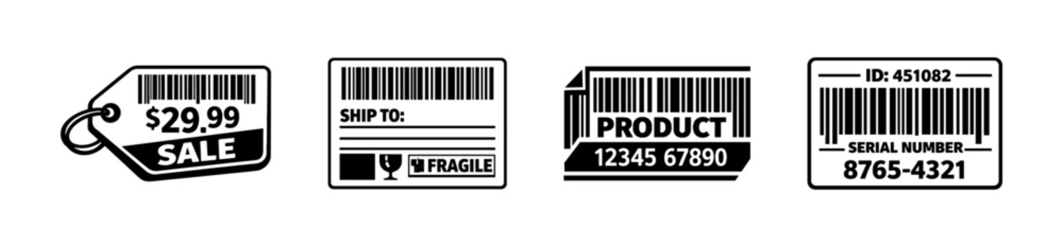 Barcode label vector icons set: shipping, sale tags and product ids
