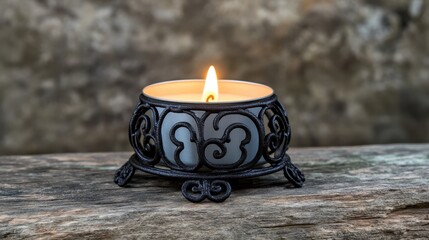 An ornate hand forged iron candle holder with intricate scrollwork illuminates a warm glowing flame on a rustic wooden surface