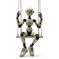 Humanoid robot sitting on rope swing wearing sneakers in studio