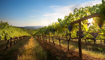 Fototapeta premium vineyard trellis with grapes under soft natural light