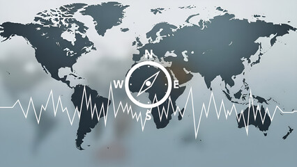 Global markets fluctuate showing geopolitical uncertainty across world map with compass direction