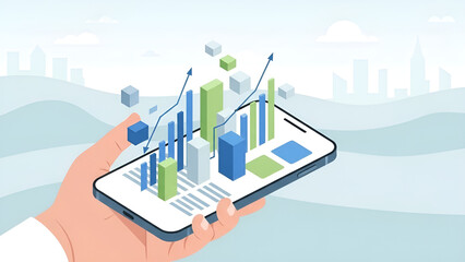 Hand displays financial charts data on smartphone with city skyline background.