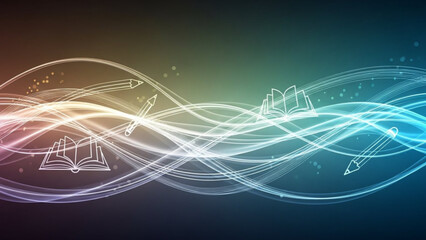 Vibrant glowing lines and education icons in dynamic motion