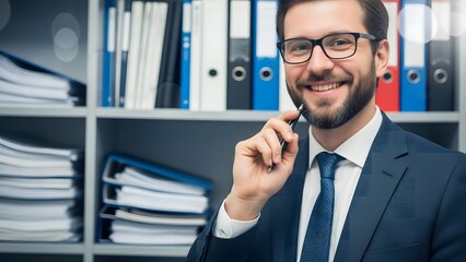 Document Management: Smiling Office Manager with Files and Pen