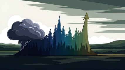 Market volatility mountain displays growth after geopolitical storm in financial landscape