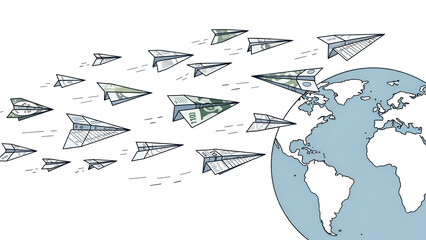 Paperplanes circulate globally representing financial geopolitics on white