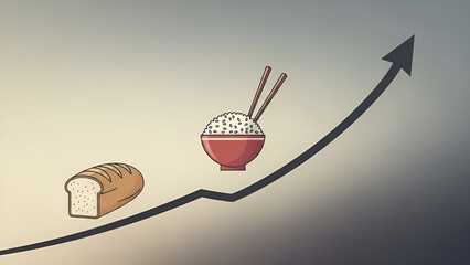 Rising food costs illustrate inflation on a graph showing economic hardship amid uncertainty