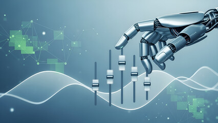 Robot manipulates financial sliders on tech background showcasing market changes automation