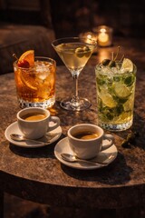 Fototapeta premium An assortment of cocktails and espresso presented on a rustic stone table.
