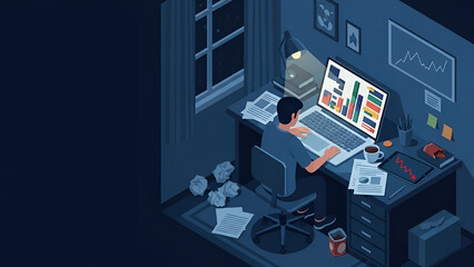 Trader analyzes market fluctuations late at night in isometric desk scene showing stress finance