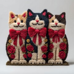 Fluffy latch-hook yarn design shows three cats with bows and floral patterns on their fur in vibrant colors on white background