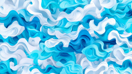 Obraz premium Vibrant abstract fluid texture background featuring overlapping stacks of white and various shades of blue wavy paper ribbons, showcasing dynamic movement and modern digital depth.